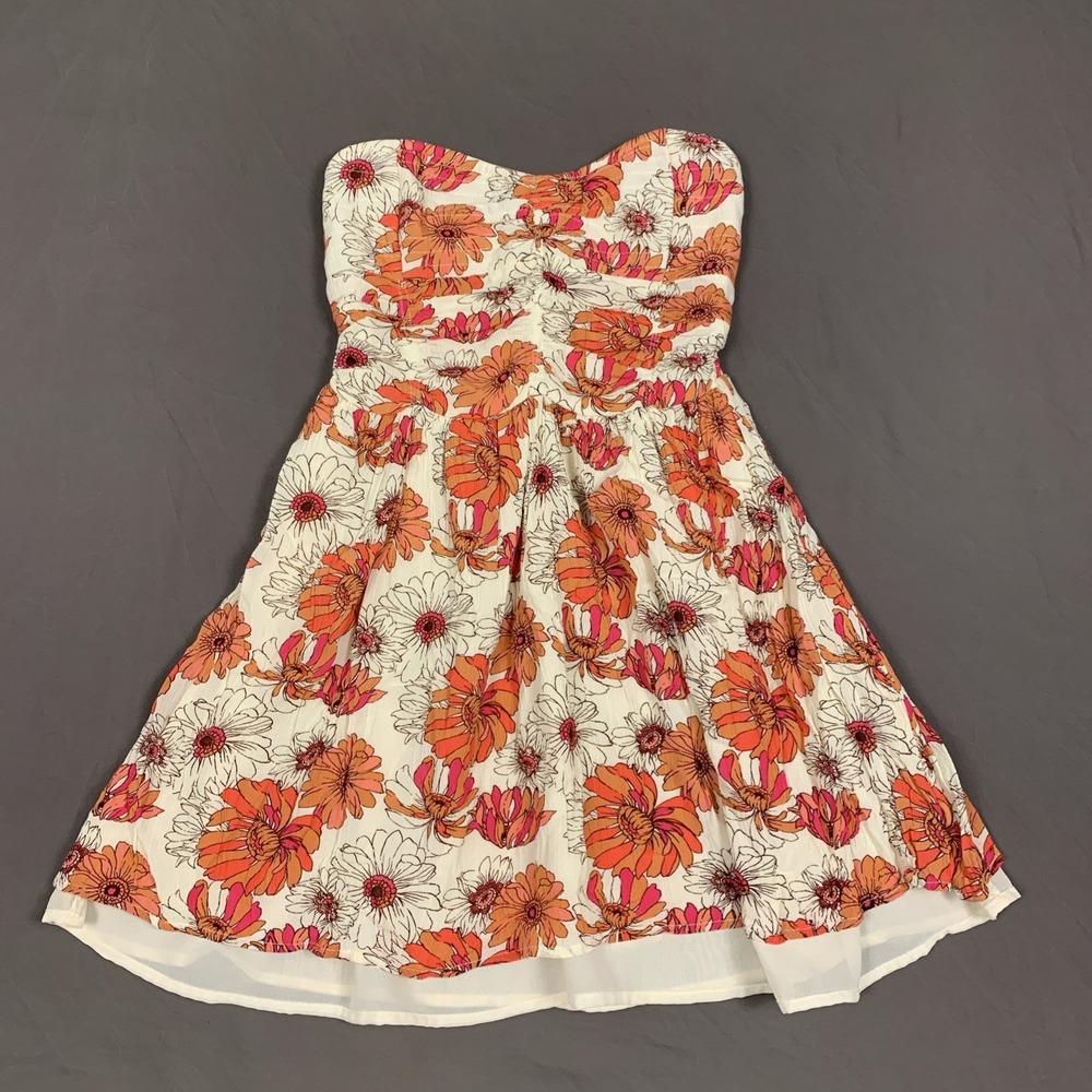 Forever 21 Floral Strapless Dress Womens Small Off White Orange Fit & Flare Mini
